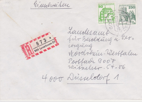 BUND 999, 1038 Einschreibebrief <Burgen und Schlösser> mit Tagesstempel Leverkusen vom 29-12-1982