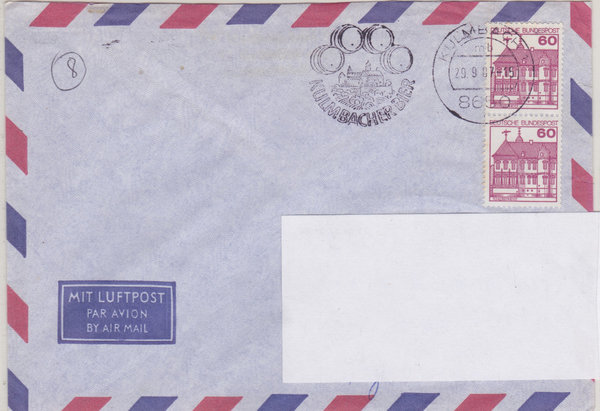 BUND 1028 (2x) Auslands-Luftpostbrief <Burgen und Schlösser> Werbestempel Kulmbach vom 29-09-1987