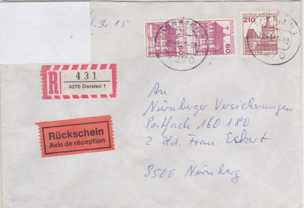 BUND 998, 1028 (2x) Einschreibebrief <Burgen und Schlösser> Tagesstempel Dorsten 1 vom 22-09-1981