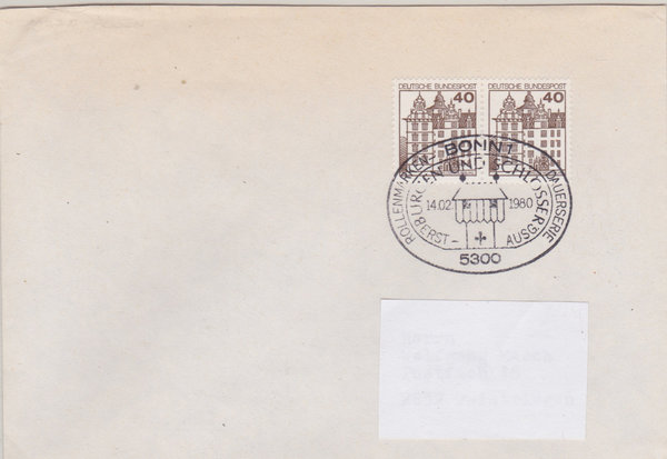 BUND 1037A (2x) Standard-Ersttagsbrief <Burgen und Schlösser> Sonderstempel Bonn 1 vom 14-02-1980