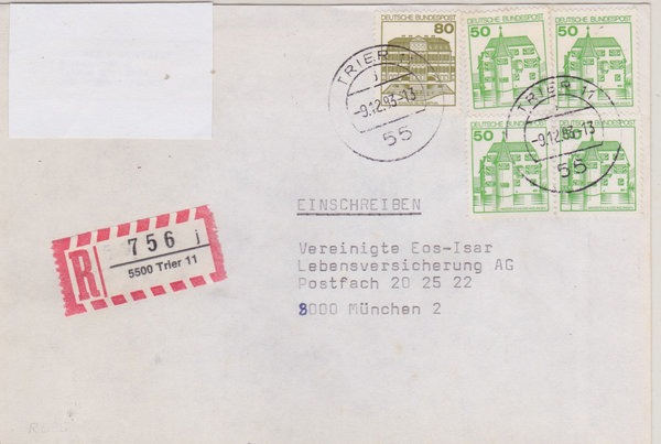 BUND 1038A (4x), 1140 Einschreibebrief <Burgen und Schlösser> Tagesstempel Trier 11 vom 09-12-1983