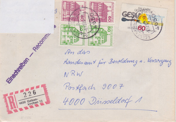 BUND 1028, 1038, 1232 Einschreibebrief <Burgen und Schlösser> Stempel Gelsenkirchen vom 05-12-1984