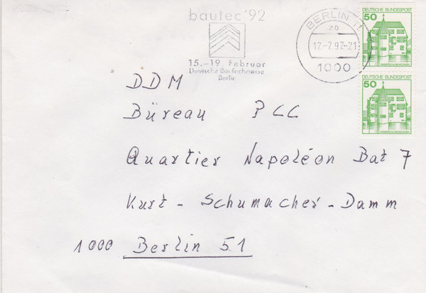 BUND 1038 C+D Standardbrief <Burgen und Schlösser> mit Werbestempel Berlin 11 vom 12-02-1992