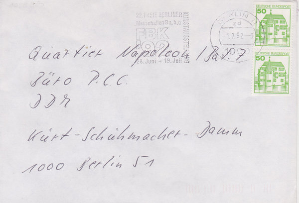 BUND 1038 C+D Standardbrief <Burgen und Schlösser> mit Werbestempel Berlin 11 vom 01-07-1992