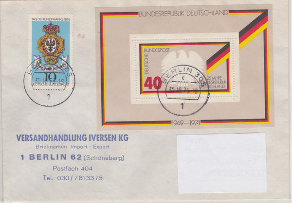 BUND 807, 866 Standardbrief <25 Jahre Bundesrep. Deutschland ua> Tagesstempel Berlin vom 30-10-1975