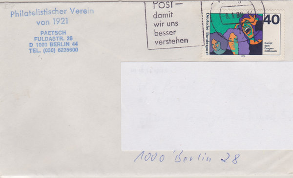 BUND 864 Standardbrief <Kampf dem Drogenmißbrauch> mit Werbestempel Berlin 11 vom 08-01-1989