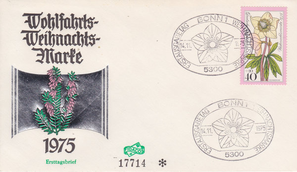 BUND 874 Ersttagsbrief (FDC) <Weihnachten> mit Sonderstempel Bonn 1 vom 14-11-1975