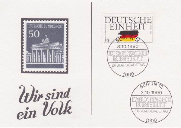 BUND 1477 Sonderpostkarte <Deutsche Einheit>  mit Sonderstempel Berlin 12 vom 03-10-1990