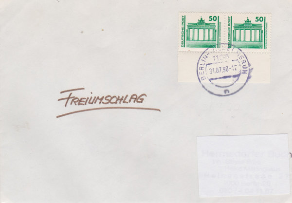 DP 3346 Rolle/Rand (2x) Standardbrief <Bauwerke + Denkmäler> Tagesstempel Berlin 1105 v.  31-07-1990