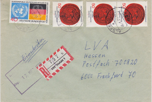 BUND 781, 939 (3x) Einschreibebrief <Aufnahme der BRD i. d. UNO> mit Tagesstempel Alsfeld 16-03-1978