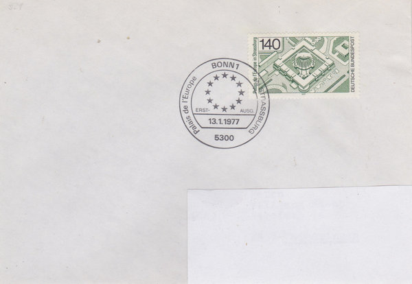 BUND 921 Standard-Ersttagsbrief <Einweihung Europarat> mit Sonderstempel Bonn 1 vom 13-01-1977