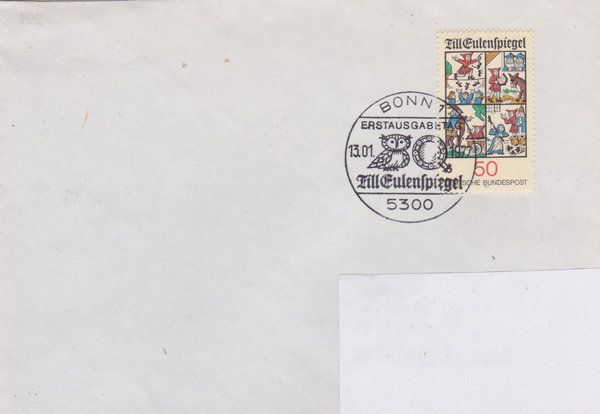 BUND 922 Standard-Ersttagsbrief <Till Eulenspiegel> mit Sonderstempel Bonn 1 vom 13-01-1977