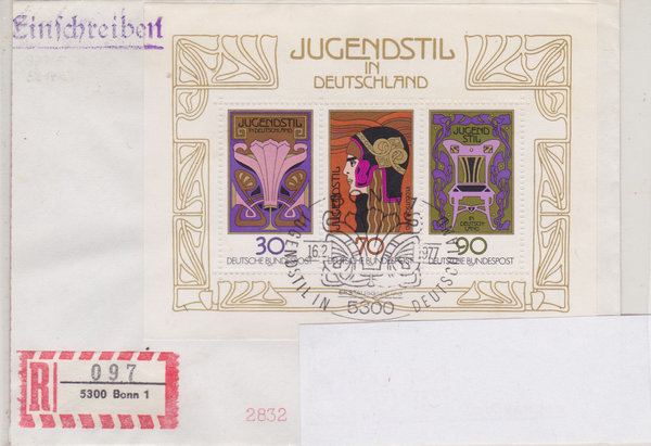 BUND 923-925 Block 14 Standard-Ersttagsbrief <75 Jahre Jugendstil>  Sonderstempel Bonn16-02-1977
