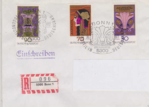 BUND 923-925 Satz Standard-Ersttagsbrief <75 Jahre Jugendstil> mit Sonderstempel Bonn vom 16-02-1977