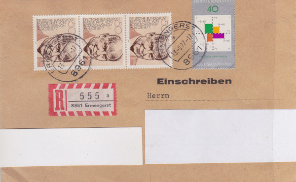 BUND 928, 942 (3x) Einschreibebrief <Geburtstag C.F.Gauß> mit Tagesstempel Ermengerst vom 13-09-1977