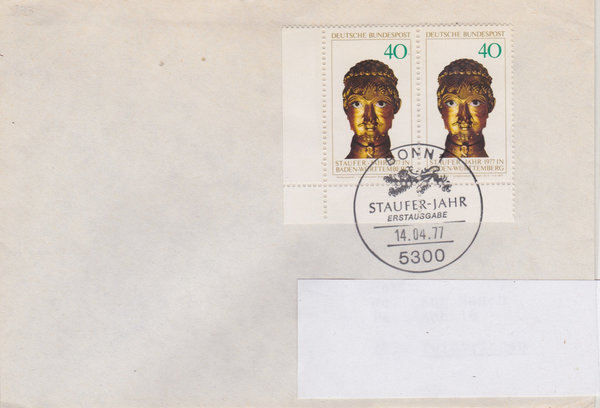 BUND 933 (2x) Standard-Ersttagsbrief <Stauferjahr B-Würrt.> mit Sonderstempel Bonn 1 vom 14-04-1977