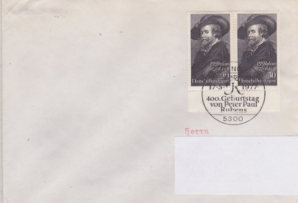 BUND 936 (2x) Standard-Ersttagsbrief <Peter Paul Rubens> mit Sonderstempel Bonn 1 vom 17-05-1977