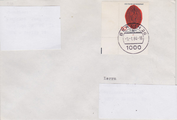 BUND 938 Standardbrief <400 Jahre Universität Mainz> mit Tagesstempel Berlin 26 vom 09-01-1984