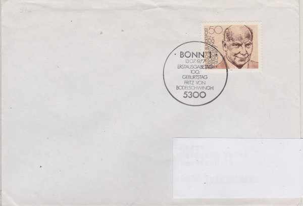 BUND 942 Standard-Ersttagsbrief <F. von Bodelschwingh> mit Ersttagsstempel Bonn 1 vom 13-07-1977