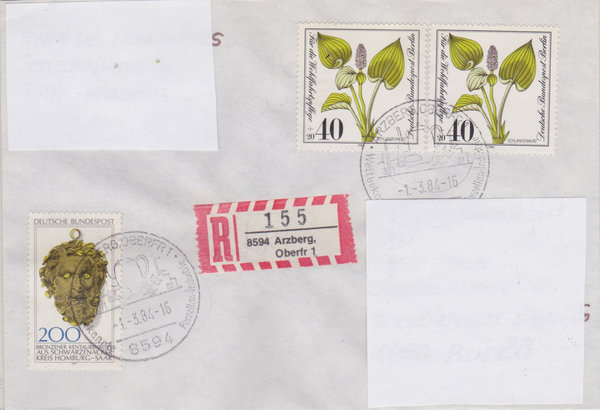 BERLIN 650 (2x) ua Einschreibebrief <Gefährdete Wasserpflanzen> Tagesstempel Arzberg vom 01-03-1984