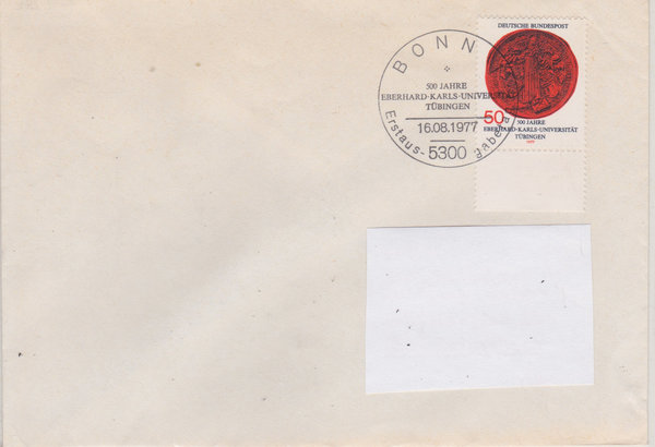 BUND 946 Standard-Ersttagsbrief <500 Jahre Uni Tübingen> Ersttags-Sonderstempel Bonn vom 16-08-1977