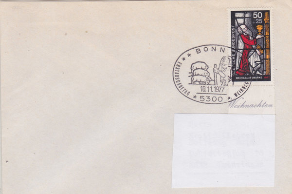 BUND 955 Standard-Ersttagsbrief <Weihnachten> mit Ersttags-Sonderstempel Bonn 1 vom 10-11-1977