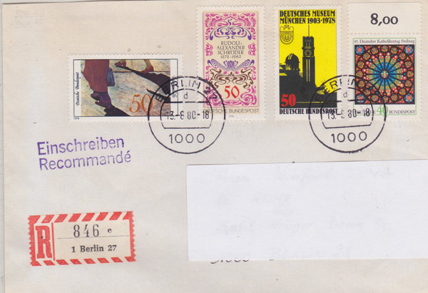 BUND 956, 957, 963, 977 Einschreibebrief <R.A. Schröder ua> Tagesstempel Berlin 27 vom 13-06-1980