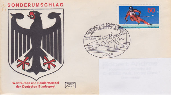 BUND 958 Sonderumschlag <Sporthilfe> mit Sonderstempel Schonach im Schwarzwald vom 06-03-1978