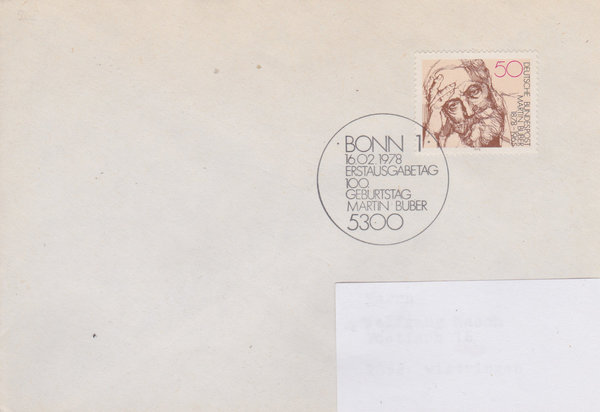 BUND 962 Standard-Ersttagsbrief <Martin Buber> Ersttags-Sonderstempel Bonn 1 vom 16-02-1978
