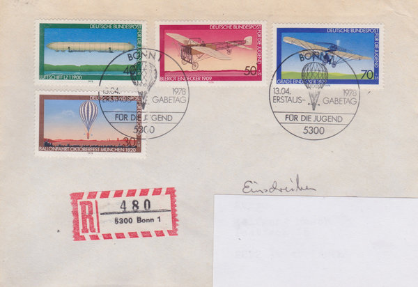 BUND 964-967 Satz Ersttags-Einschreibebrief <Jugend, Luftfahrt> Sonderstempel Bonn vom 13-04-1978