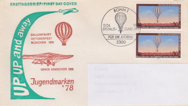 BUND 964 (2x) Standard-Ersttagsbrief <Jugend, Luftfahrt> mit Ersttags-Sonderstempel Bonn 13-04-1978