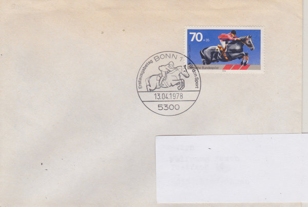 BUND 968 Standard-Ersttagsbrief <Sporthilfe, Springreiten> mit Sonderstempel Bonn 1 vom 13-04-1978