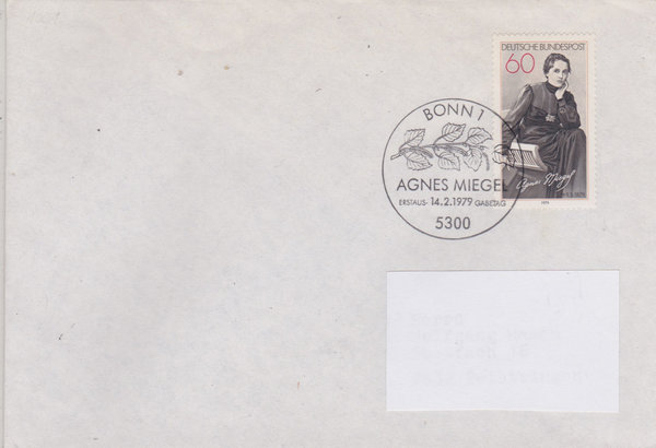 BUND 1001 Standard-Ersttagsbrief <Agnes Miegel> mit Ersttags-Sonderstempel Bonn 1 vom 14-02-1979