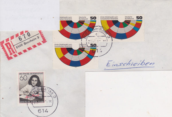 BUND 1002 (3x), 1013 Einschreibebrief <Europ. Parlament> mit Tagesstempel Bensheim 3 vom 25-06-1980