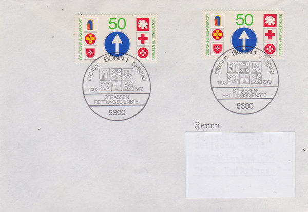 BUND 1004 (2x) Standard-Ersttagsbrief <Rettungsdienste> Ersttags-Sonderstempel Bonn 1 vom 14-02-1979