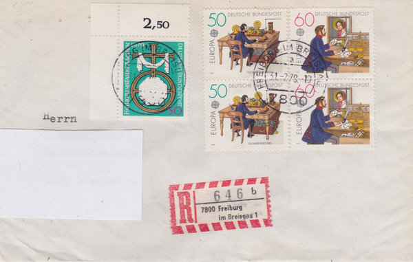 BUND 1011, 1012, 1017 Einschreibebrief <Postgeschichte> mit Tagesstempel Freiburg vom 31-07-1978