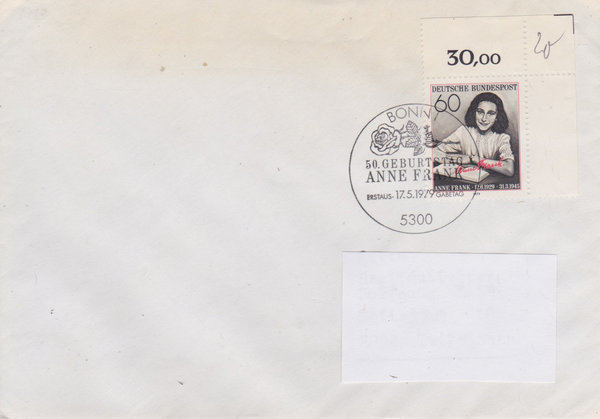 BUND 1013 Standard-Ersttagsbrief <50.Geburtstag Anne Frank> Ersttags-Sonderstempel Bonn 17-05-1979