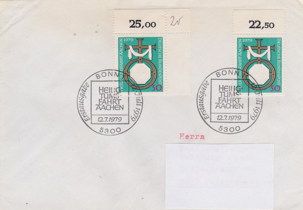 BUND 1017 (2x) Standard-Ersttagsbrief <Heiligtumsfahrt> mit Ersttags-Sonderstempel Bonn 12-07-1979