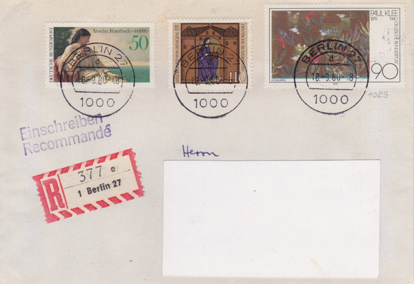BUND 1018, 1023, 1029 Einschreibebrief <Todestag H. von Bingen> Tagesstempel Berlin vom 18-09-1980