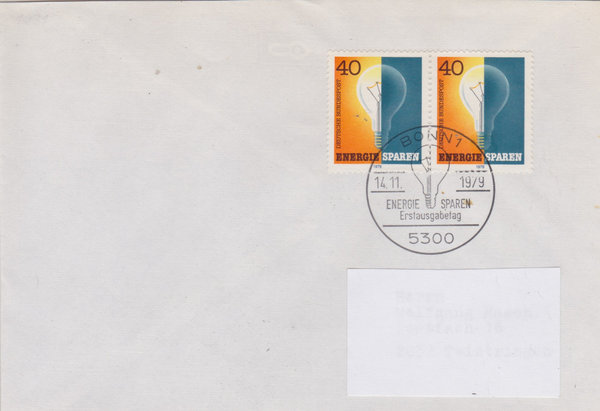 BUND 1031 (2x) Standard-Ersttagsbrief <Energie sparen> mit Ersttags-Sonderstempel Bonn 14-11-1979