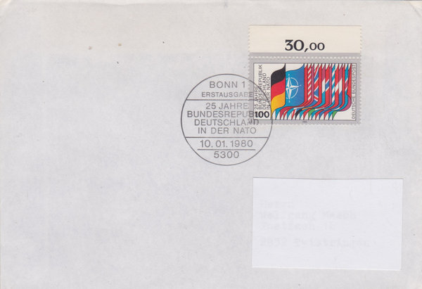 BUND 1034 Standard-Ersttagsbrief <NATO-Zugehörigkeit> Ersttags-Sonderstempel Bonn 10-01-1980