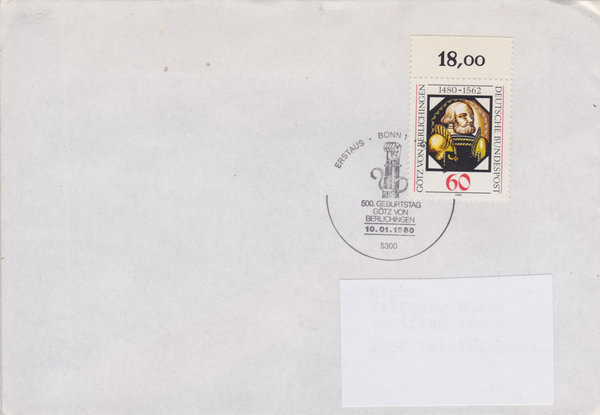 BUND 1036 Standard-Ersttagsbrief <Götz von Berlichingen> Ersttags-Sonderstempel Bonn 10-01-1980