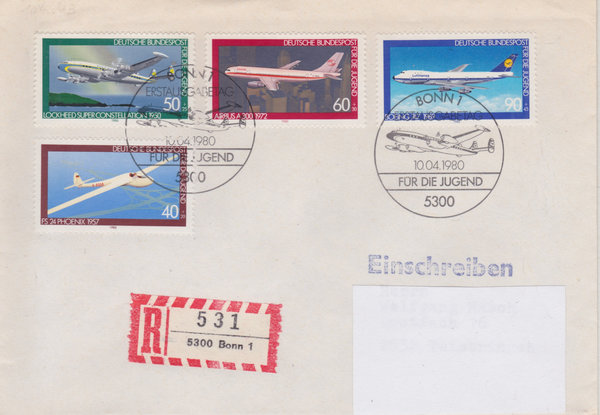 BUND 1040-1043 Ersttags-Einschreibebrief <Jugend, Luftfahrt> Ersttags-Sonderstempel Bonn 10-04-1980