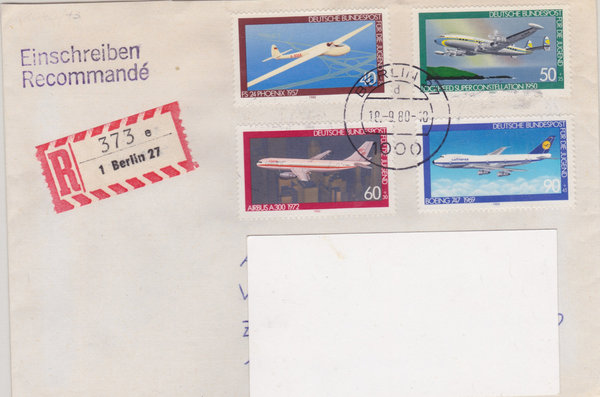 BUND 1040-1043 Satz Einschreibebrief <Jugend, Luftfahrt> mit Tagesstempel Berlin vom 18-09-1980