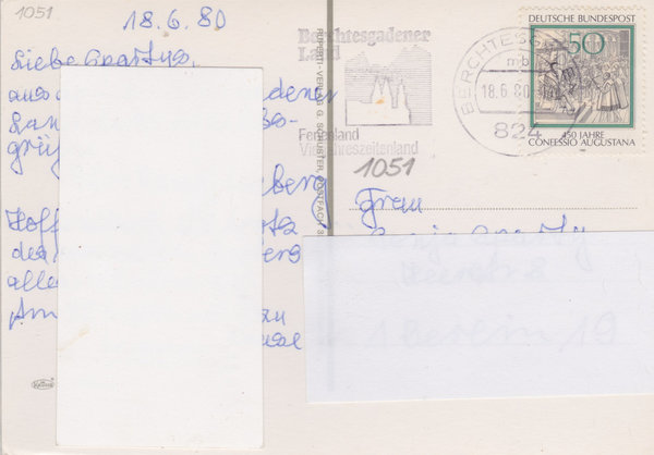 BUND 1051 Standard-Postkarte <Augsburger Bekenntnis> Tagesstempel Berchtesgaden vom 18-06-1980