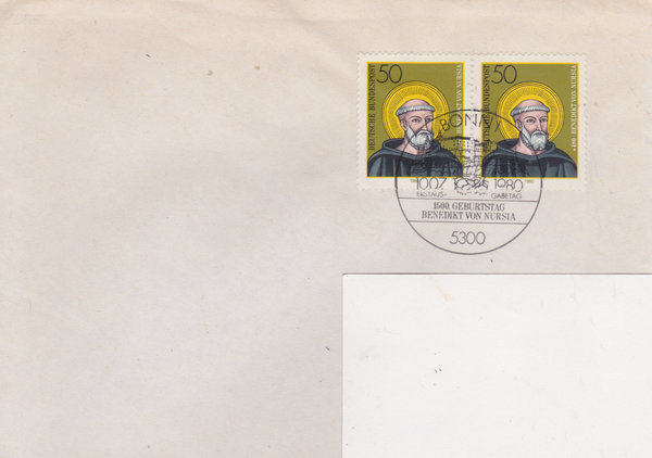 BUND 1055 (2x) Standard-Ersttagsbrief <Benedikt von Nursia> Ersttags-Sonderstempel Bonn 10-07-1980