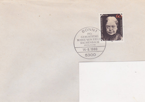 BUND 1057 Standard-Ersttagsbrief <Freifrau von Eschenbach > Ersttags-Sonderstempel Bonn 14-08-1980
