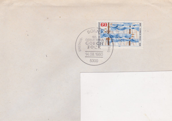 BUND 1058 Standard-Ersttagsbrief <Johann Kinau, Gorch Fock> Ersttags-Sonderstempel Bonn 14-08-1980