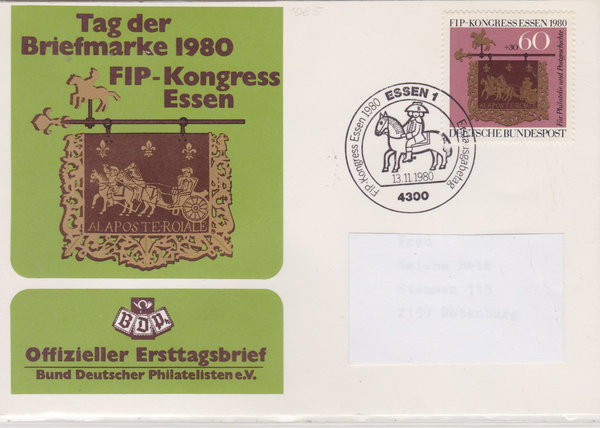 BUND 1065 Standard-Ersttagsbrief <FIP in Essen> mit Ersttags-Sonderstempel Essen 1 vom 13-11-1980