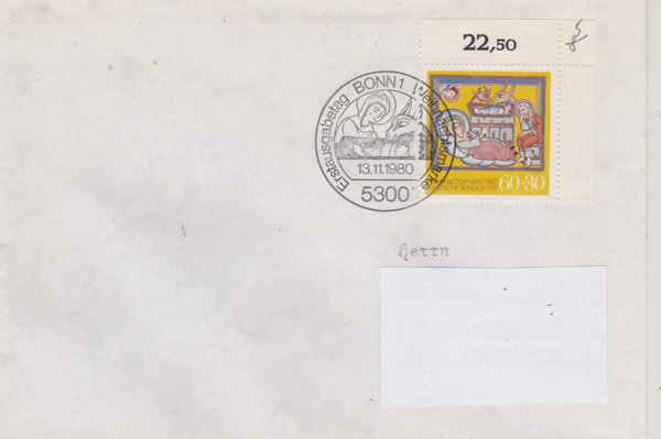 BUND 1066 Standard-Ersttagsbrief <Weihnachten> mit Ersttags-Sonderstempel Bonn 1 vom 13-11-1980